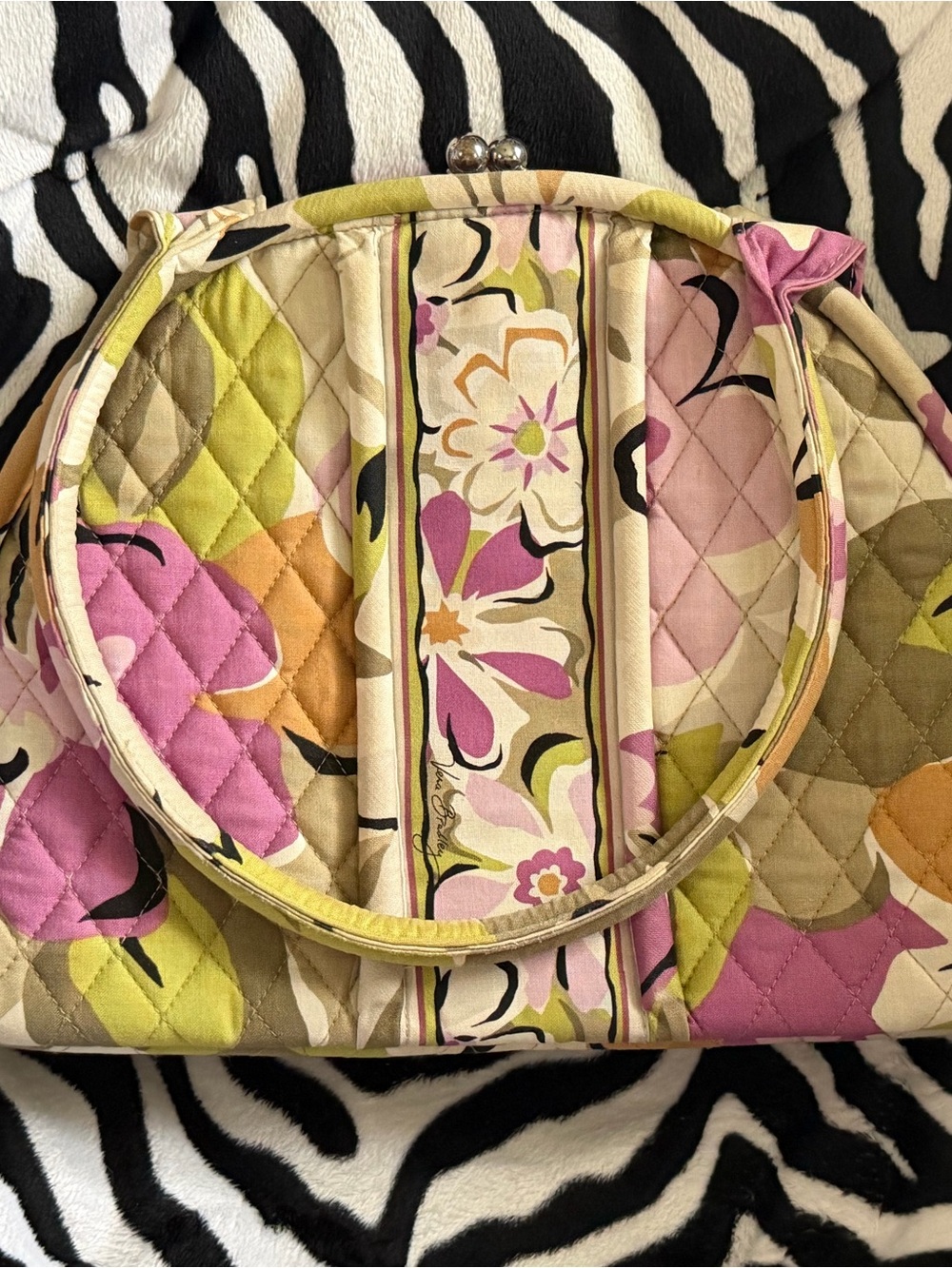 Vera Bradley Quilted Floral Frame-Top Tote in Pink, Green & Cream